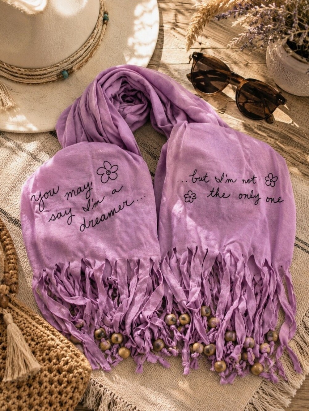 Natural Life Lavender Beaded Fringe Scarf - Soft Lightweight BOHO, Song Lyrics